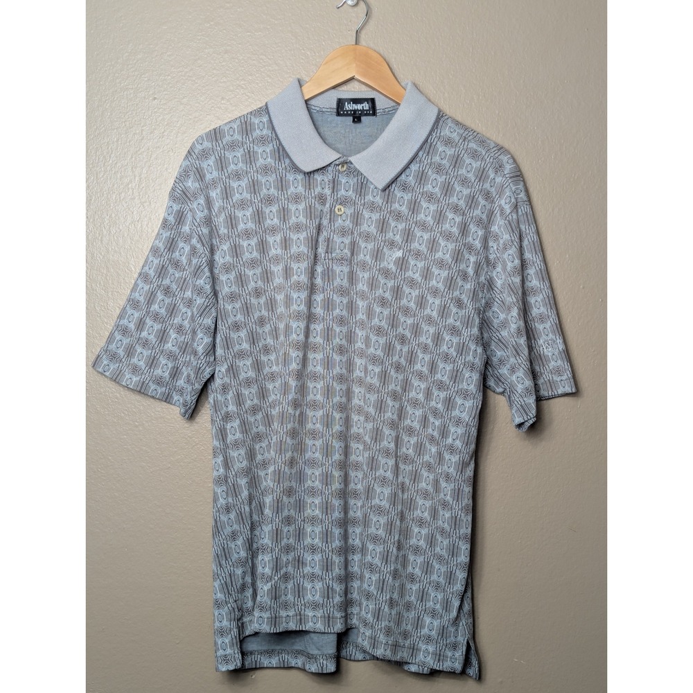 Ashworth Polo Shirt Men Large Grey Vintage Geometric Print Short Sleeve Golf Tee